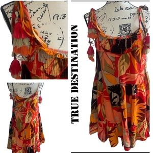 TRUE DESTINATIONS ORANGE FLORAL TASSLE DRESS SMALL